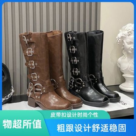 【好物分享】皮带扣粗跟棕色马丁靴女春夏复古长筒靴西部骑士靴女