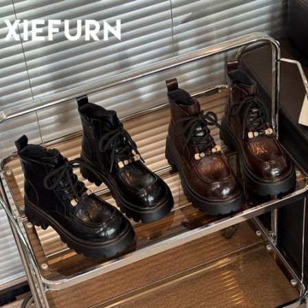 XIEFURN/鞋夫人马丁靴女2025新款百搭增高厚底圆头粗跟英伦风短靴