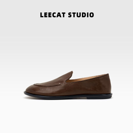 LeeCatStudio|棕色懒人一脚蹬头层小牛皮极简复古乐福鞋休闲单鞋