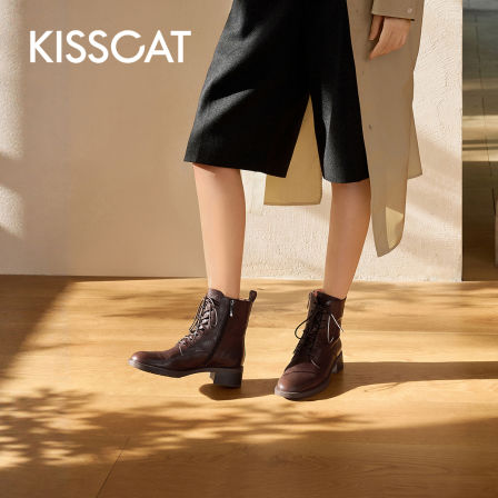 KISSCAT接吻猫[黑胶唱片]马丁靴25秋新款复古真皮马丁靴时装靴女