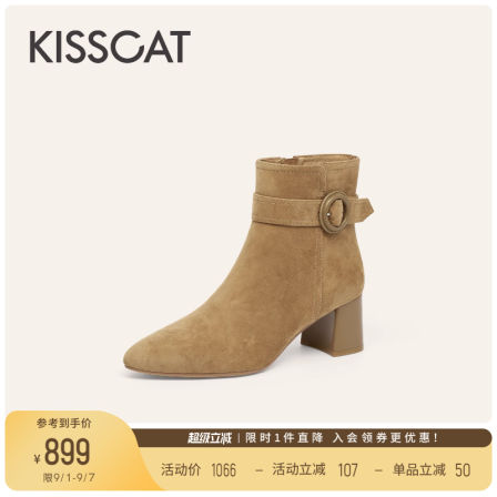 KISSCAT接吻猫[夜游维港]粗跟瘦瘦靴25冬羊绒尖头高跟时装靴显瘦