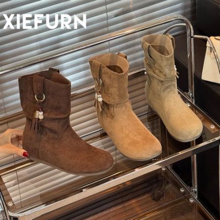XIEFURN/鞋夫人秋冬季显瘦复古平底堆堆靴2025新款流苏串珠西部靴