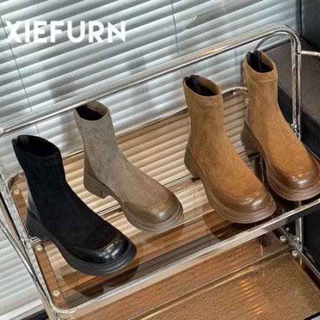 XIEFURN/鞋夫人2024秋季新款粗跟短靴潮流舒适英伦风时装靴女