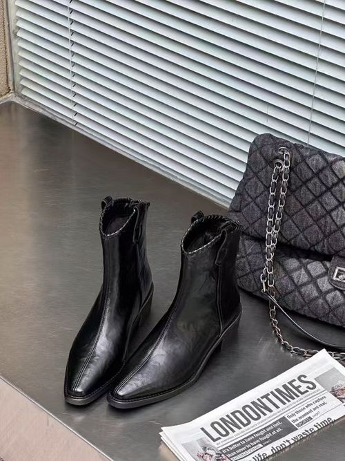 尖头冬粗跟平跟短靴黑色粗跟靴子气质百搭女士方头95225主图