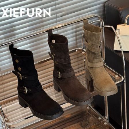 XIEFURN/鞋夫人2025秋冬新款两穿西部牛仔靴女复古磨砂粗跟骑士靴