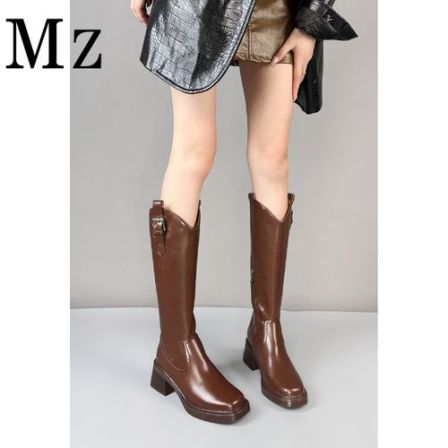 Mr.Zheng/5.5cm/高筒靴V口靴粗跟中跟方头骑士靴秋冬新款真皮长靴