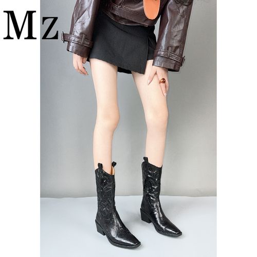 Mr.Zheng/5.5cm/真皮中筒靴V口西部牛仔靴中筒靴秋冬新款休闲女靴主图