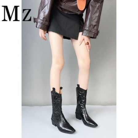 Mr.Zheng/5.5cm/真皮中筒靴V口西部牛仔靴中筒靴秋冬新款休闲女靴