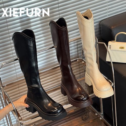 XIEFURN/鞋夫人V口长筒靴女2025新款复古百搭瘦瘦靴不过膝骑士靴主图