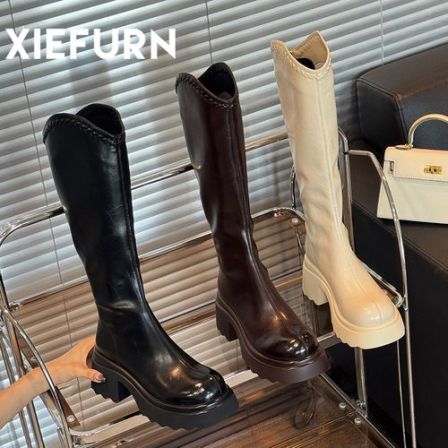XIEFURN/鞋夫人V口长筒靴女2025新款复古百搭瘦瘦靴不过膝骑士靴