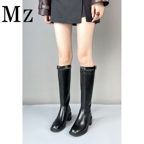 Mr.Zheng/5.5cm/皮带扣长靴真皮骑士靴高筒靴子秋冬新款粗跟女靴主图