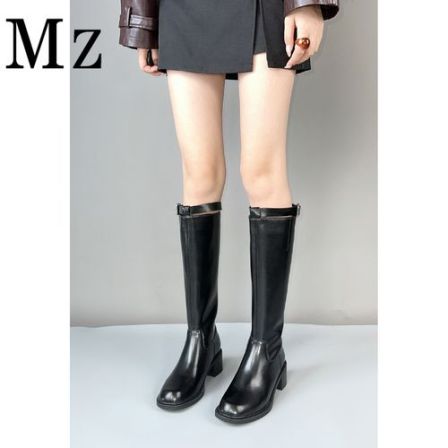 Mr.Zheng/5.5cm/皮带扣长靴真皮骑士靴高筒靴子秋冬新款粗跟女靴