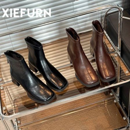XIEFURN/鞋夫人短靴女2024秋冬新款粗跟方头中跟瘦瘦靴法式时尚