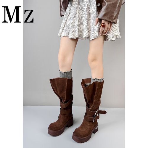 Mr.Zheng/5.3cm/设计师款皮带扣真皮中筒靴复古厚底个性休闲女靴主图