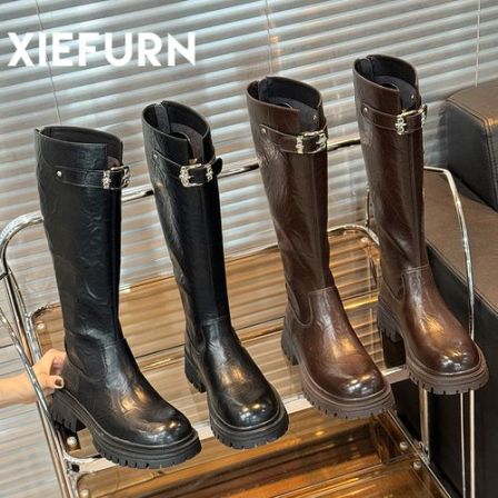 XIEFURN/鞋夫人小众设计皮带扣长筒靴修饰腿型显高显瘦厚底高筒靴