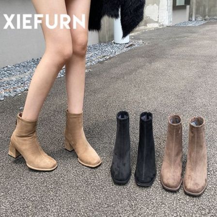 XIEFURN/鞋夫人2025秋冬新款高跟短靴女法式百搭瘦瘦靴