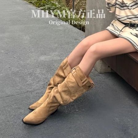 牛皮版~复古尖头西部牛仔靴显瘦褶皱堆堆靴女粗跟气质不过膝长靴