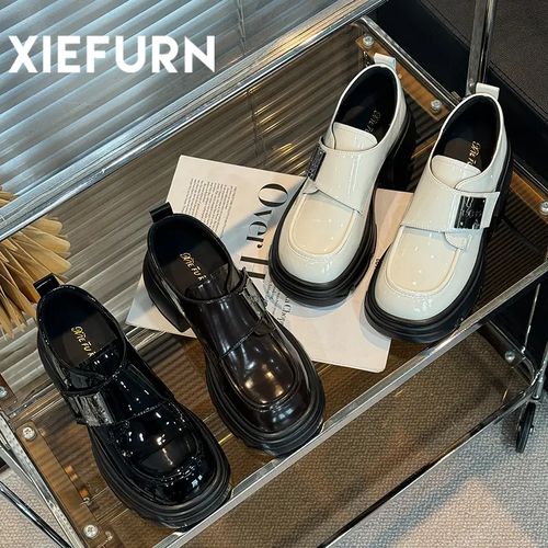 XIEFURN/鞋夫人春秋时尚夏季黑色厚底英伦风圆头棕色日常米白色主图