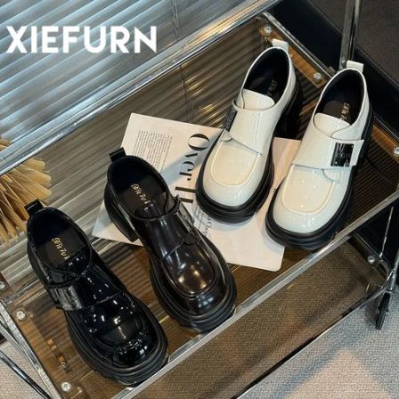 XIEFURN/鞋夫人春秋时尚夏季黑色厚底英伦风圆头棕色日常米白色