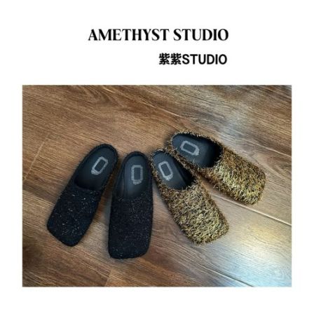 紫紫  时装拖方头毛毡包头半拖外穿懒人一脚蹬厚底拖鞋ZSJD0903