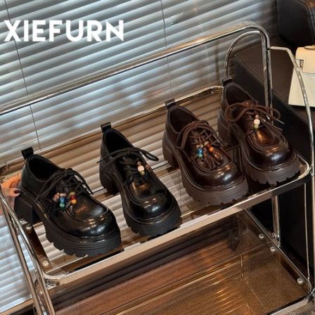 XIEFURN/鞋夫人英伦风小皮鞋女2025秋季新款系带串珠粗跟乐福鞋