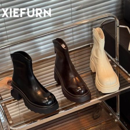 XIEFURN/鞋夫人粗跟短筒弹力瘦瘦靴2025秋冬季韩系百搭高跟短靴