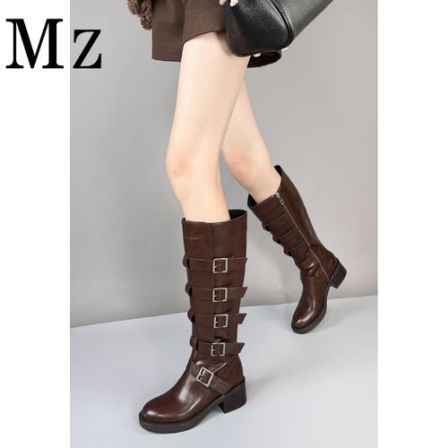 Mr.Zheng/5cm/皮带扣骑士靴高筒靴真皮长靴秋冬个性侧拉链女靴