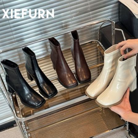 XIEFURN/鞋夫人2024英伦风系带短靴增高马丁靴百搭靴子复古粗跟