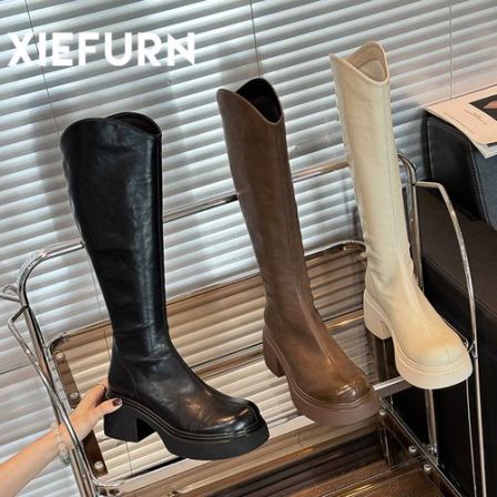 XIEFURN/鞋夫人2025秋冬百搭网红长筒靴厚底粗跟辣妹风烟筒靴