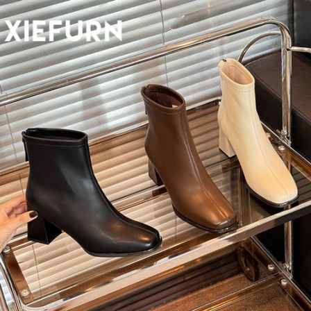 XIEFURN/鞋夫人2025新款短筒靴女高跟增高英伦风复古短靴