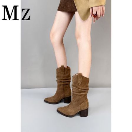 Mr.Zheng/6.5cm/堆堆靴v口尖头西部靴中筒靴粗跟秋冬复古气质女靴