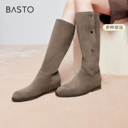 百思图冬季新款时尚简约街头弹力靴高筒靴粗跟女长靴W2671DG4