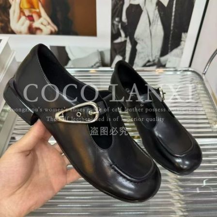 【COCO LANXI】时尚休闲百搭黑色真皮复古圆头女士单鞋25DX450LX