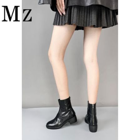 Mr.Zheng/4.5cm/后拉链圆头复古短靴秋冬新款百搭真皮裸靴女靴