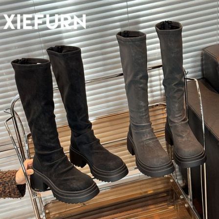XIEFURN/鞋夫人厚底百搭弹力靴女增高显瘦长筒靴小个子时尚瘦瘦靴