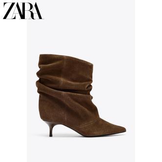 ZARA25秋季新款 女鞋 反绒皮褶皱短靴 3100610 709
