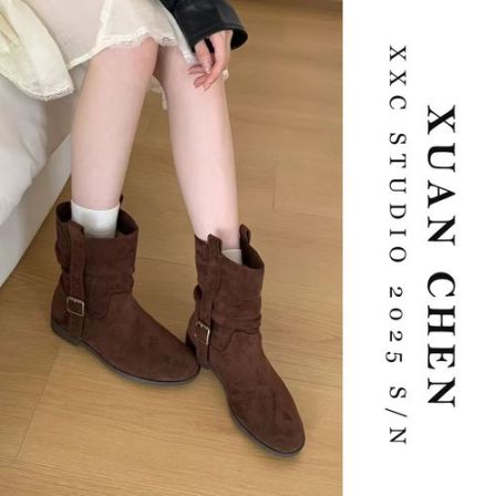 春秋法式休闲风洋气短靴时尚百搭平跟粗筒靴女#8750