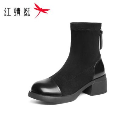 红蜻蜓瘦瘦弹力靴女2025秋新款女鞋靴子粗跟增高女靴气质黑色短靴