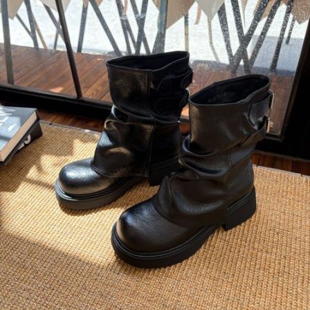 YEER·SHOP 爷儿秋季时尚百搭新款黑色圆头裤筒靴