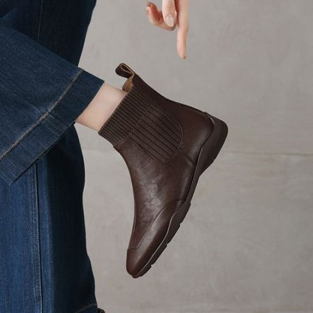 【NICESEE】3cm,真皮百搭运动短靴女头层牛皮圆头一脚蹬切尔西袜靴