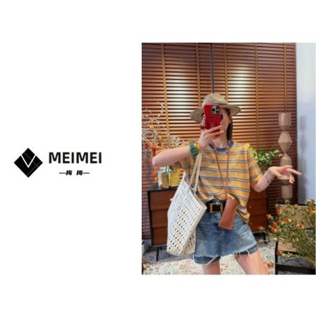 XMM【冰麻针织撞色短袖】时尚百搭潮流显瘦洋气宽松休闲条纹GZ38369