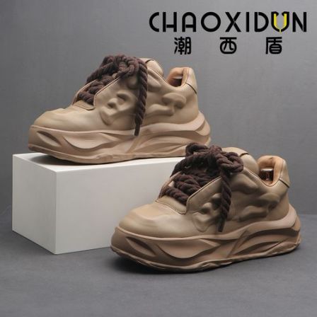 潮西盾CHAOXIDUN老爹鞋男秋冬运动2025新款潮鞋厚底牛皮棕色鞋子