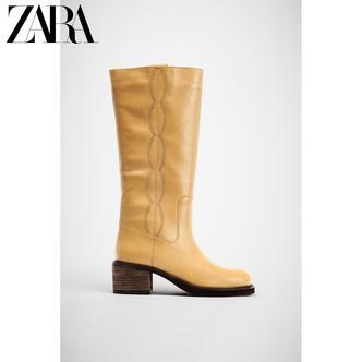 ZARA25秋季新款 女鞋 流光风皮革缉线圆头方跟靴子 3064510 709