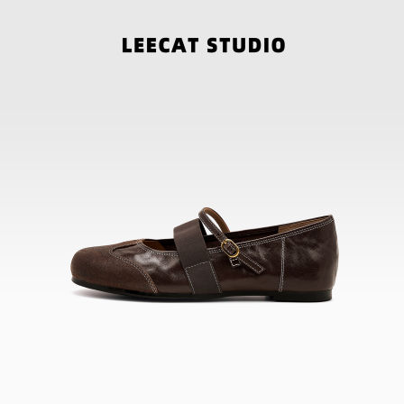 LeeCatStudio|棕色玛丽珍单鞋一字扣浅口平底不累脚复古小皮鞋女
