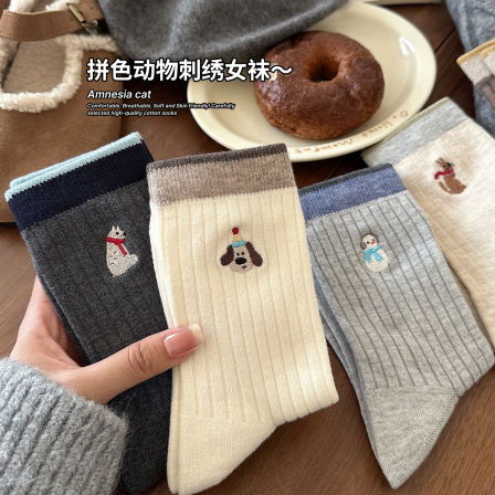 卡通刺绣可爱袜子女春秋款长袜ins潮日系中筒袜女堆堆袜配勃肯鞋