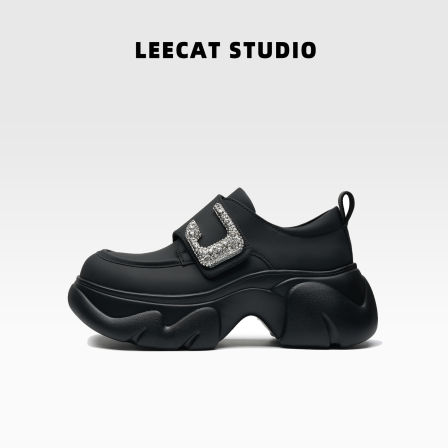 LeeCatStudio魔术贴厚底乐福鞋女厚底水钻通勤英伦风小牛皮单鞋女