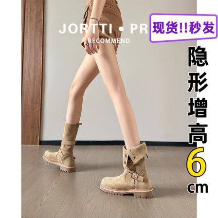 真皮内增高复古美拉德马丁靴女秋新款不过膝两穿中筒百搭西部短靴