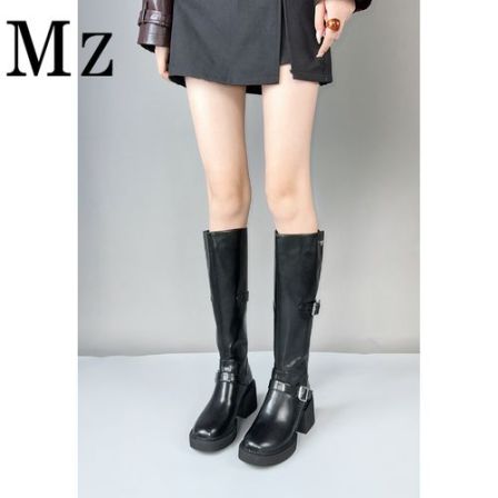 Mr.Zheng/6.5cm/真皮长靴皮带扣骑士靴粗跟高跟秋冬高筒女靴子