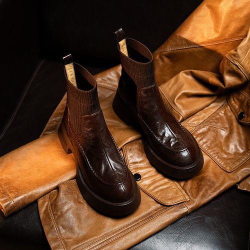 【牛皮仙】跟高4cm/鞋码34-42/秋冬季新款真皮短靴女厚底切尔西靴子主图
