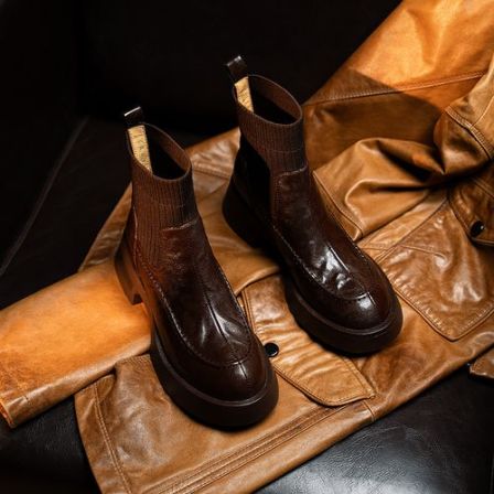 【牛皮仙】跟高4cm/鞋码34-42/秋冬季新款真皮短靴女厚底切尔西靴子